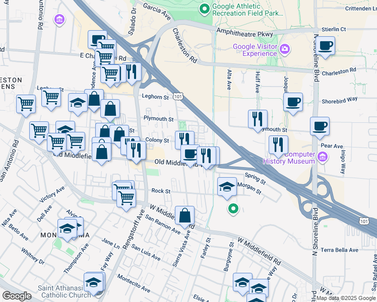 map of restaurants, bars, coffee shops, grocery stores, and more near 856 Sycamore Loop in Mountain View
