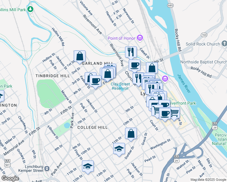 map of restaurants, bars, coffee shops, grocery stores, and more near 604 Madison Street in Lynchburg