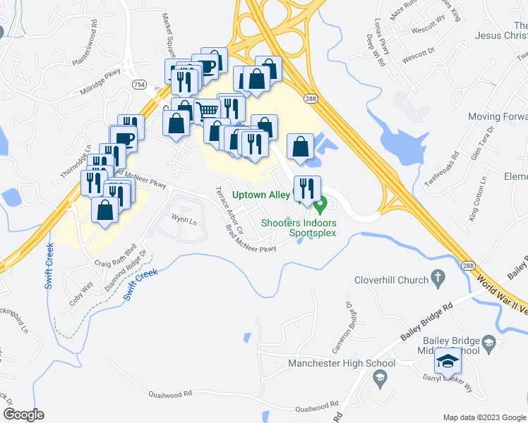 map of restaurants, bars, coffee shops, grocery stores, and more near Creek Heights Drive in Midlothian