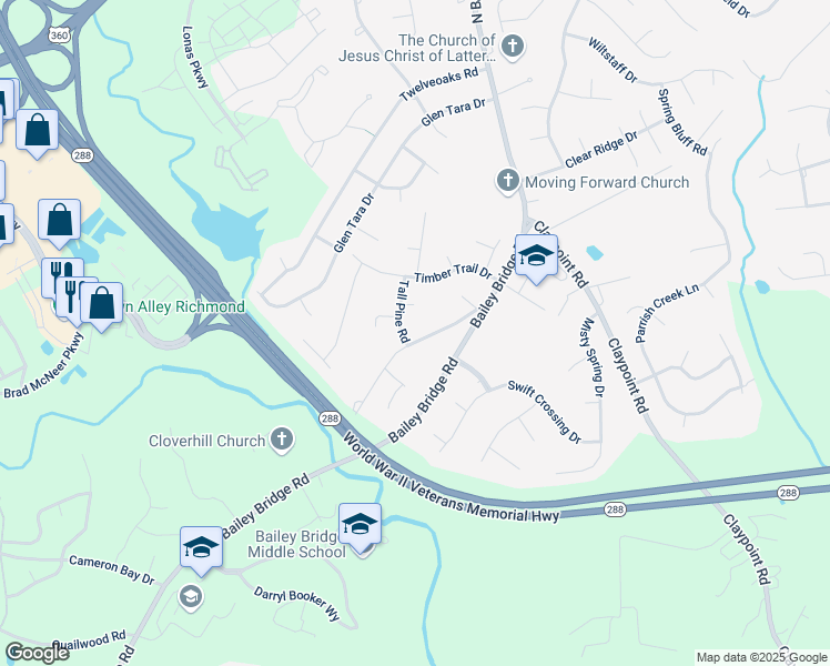 map of restaurants, bars, coffee shops, grocery stores, and more near 12024 Old Bailey Bridge Road in Midlothian