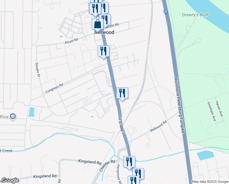 map of restaurants, bars, coffee shops, grocery stores, and more near in Richmond