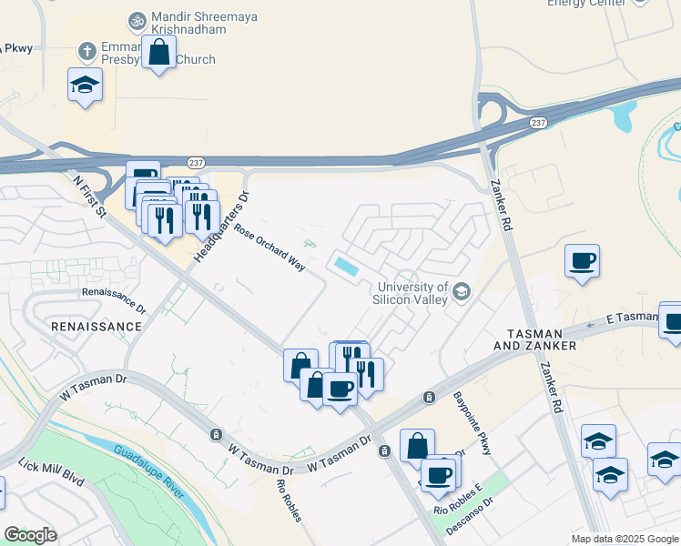 map of restaurants, bars, coffee shops, grocery stores, and more near 405 Los Encinos Avenue in San Jose