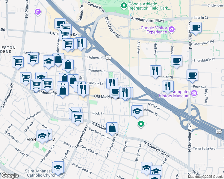 map of restaurants, bars, coffee shops, grocery stores, and more near 837 Sierra Vista Avenue in Mountain View