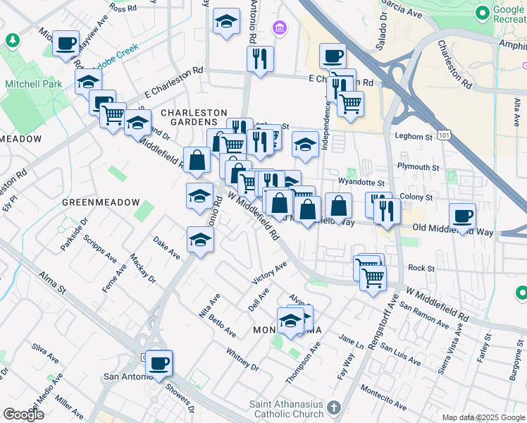 map of restaurants, bars, coffee shops, grocery stores, and more near 2554 Saffron Way in Mountain View