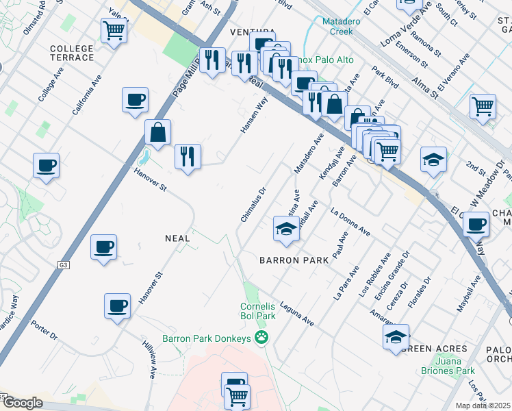map of restaurants, bars, coffee shops, grocery stores, and more near 800 Matadero Avenue in Palo Alto