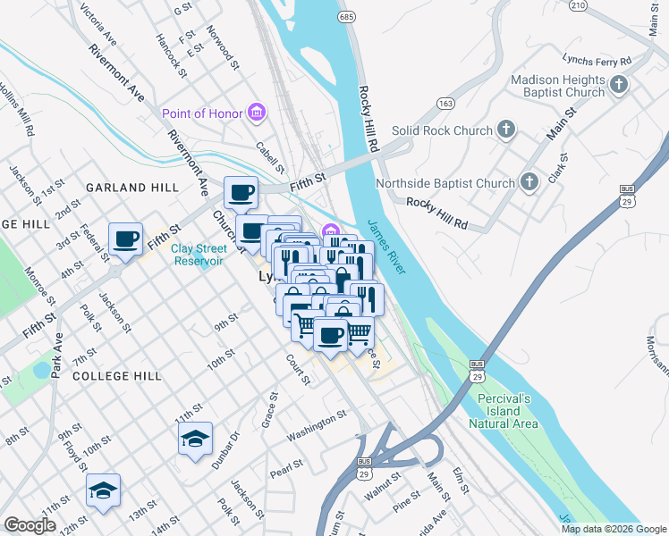 map of restaurants, bars, coffee shops, grocery stores, and more near 1000 Commerce Street in Lynchburg