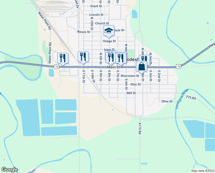 map of restaurants, bars, coffee shops, grocery stores, and more near 700-798 Mill Street in Neodesha