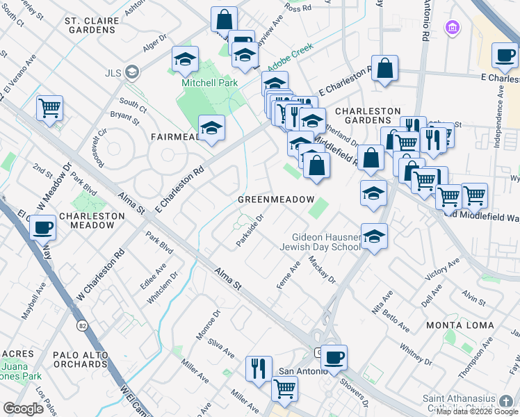 map of restaurants, bars, coffee shops, grocery stores, and more near 318 Parkside Drive in Palo Alto