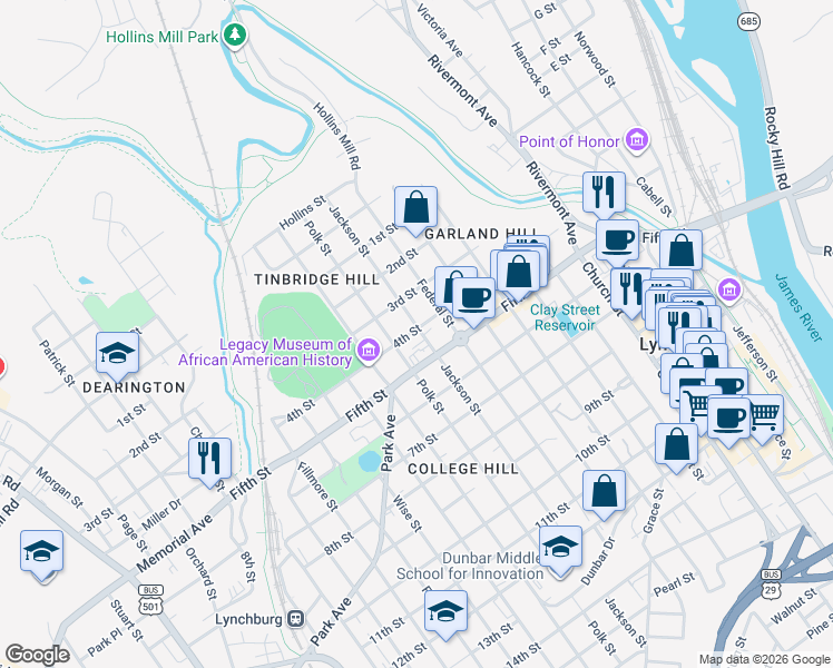 map of restaurants, bars, coffee shops, grocery stores, and more near 903 Fifth Street in Lynchburg