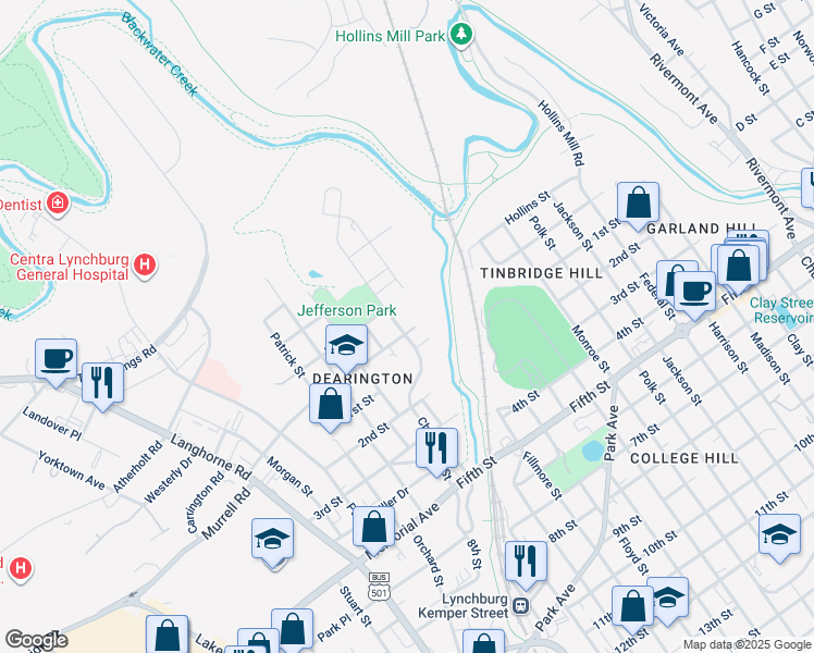 map of restaurants, bars, coffee shops, grocery stores, and more near 201 Chambers Street in Lynchburg