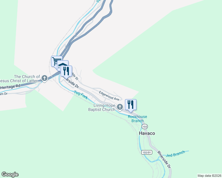 map of restaurants, bars, coffee shops, grocery stores, and more near 48-98 Cornell Ave in Welch
