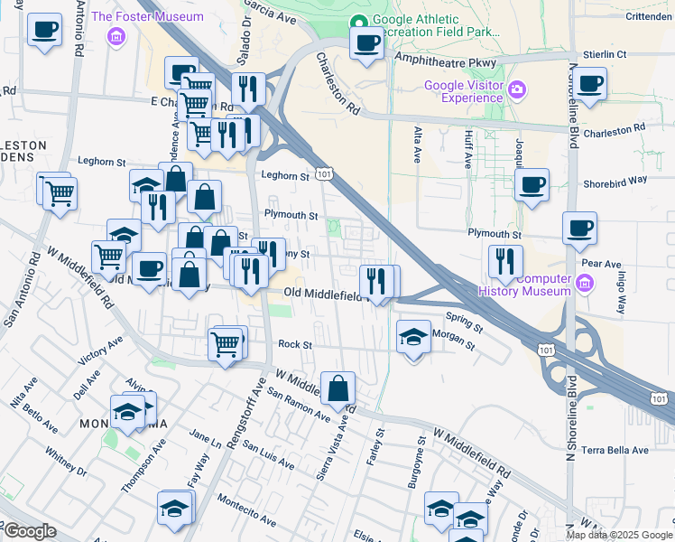 map of restaurants, bars, coffee shops, grocery stores, and more near 837 Sierra Vista Avenue in Mountain View