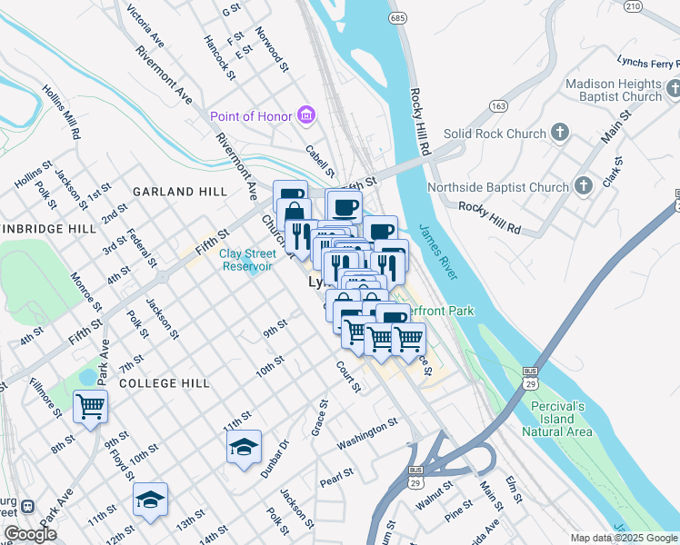 map of restaurants, bars, coffee shops, grocery stores, and more near 846 Church Street in Lynchburg