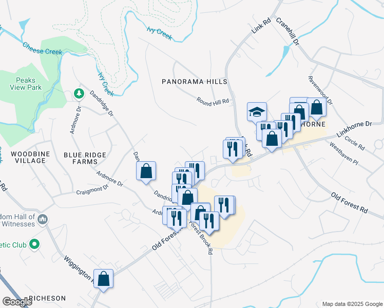 map of restaurants, bars, coffee shops, grocery stores, and more near 103 Kettering Lane in Lynchburg