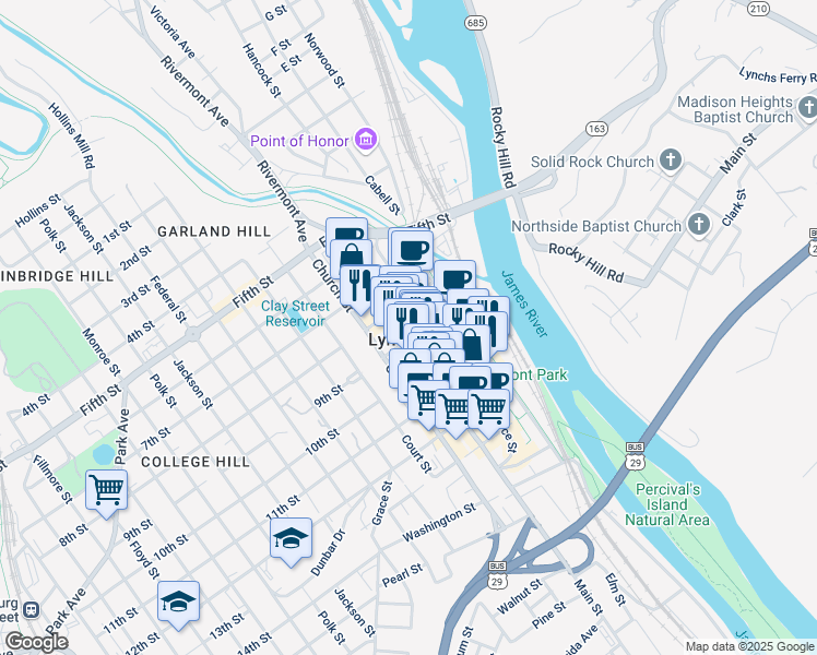 map of restaurants, bars, coffee shops, grocery stores, and more near 828 Main Street in Lynchburg