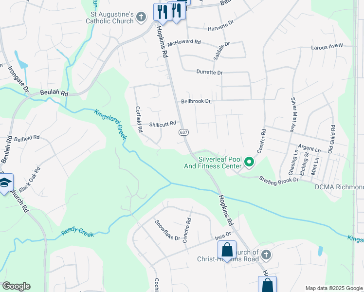 map of restaurants, bars, coffee shops, grocery stores, and more near 7600 Hopkins Road in Richmond