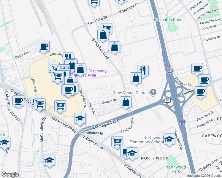 map of restaurants, bars, coffee shops, grocery stores, and more near 598 Gibraltar Drive in Milpitas