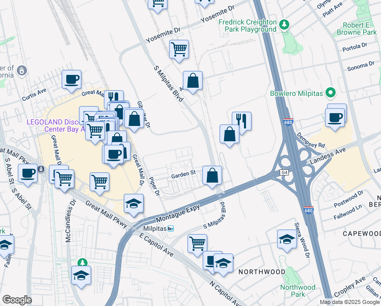 map of restaurants, bars, coffee shops, grocery stores, and more near 598 Gibraltar Drive in Milpitas
