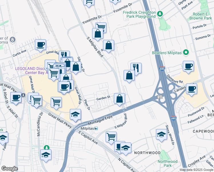 map of restaurants, bars, coffee shops, grocery stores, and more near 598 Gibraltar Drive in Milpitas