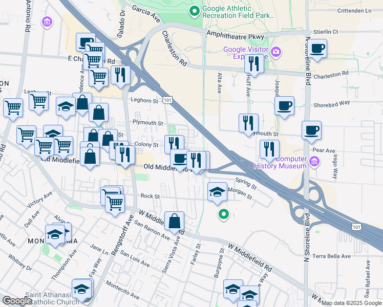 map of restaurants, bars, coffee shops, grocery stores, and more near 1912 Newbury Drive in Mountain View
