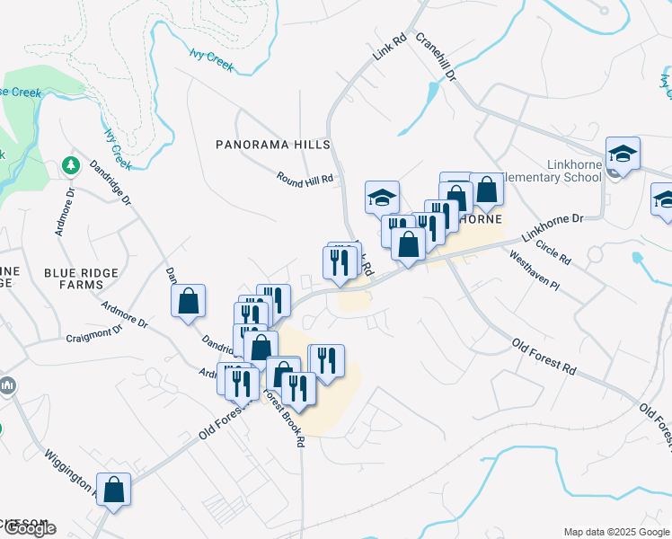 map of restaurants, bars, coffee shops, grocery stores, and more near 3101 Link Road in Lynchburg