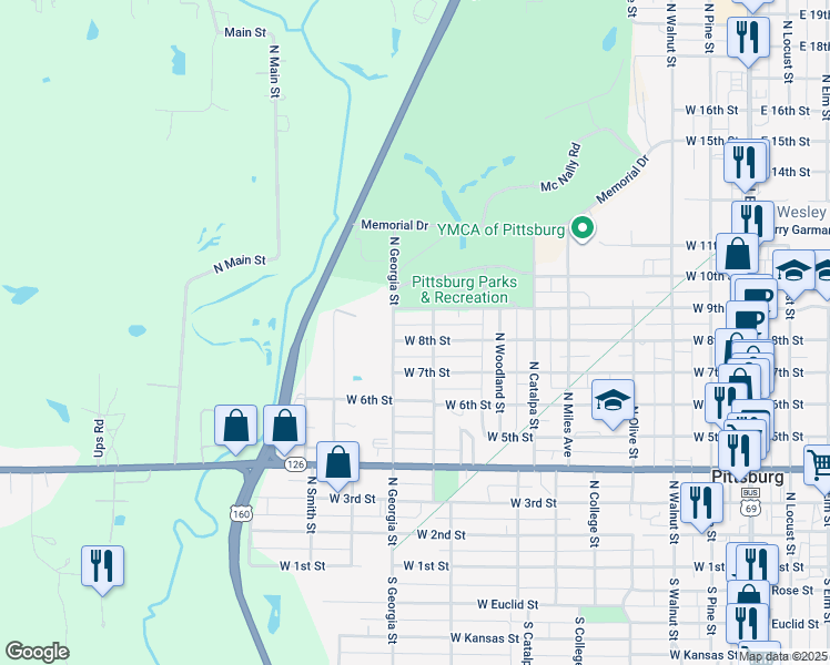 map of restaurants, bars, coffee shops, grocery stores, and more near in Pittsburg