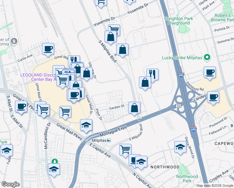map of restaurants, bars, coffee shops, grocery stores, and more near 712 Amalfi Loop in Milpitas