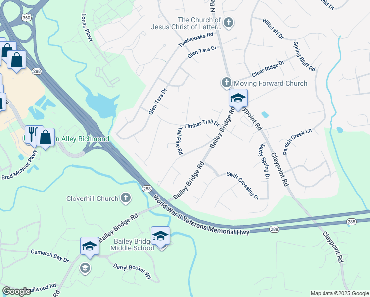 map of restaurants, bars, coffee shops, grocery stores, and more near 12024 Old Bailey Bridge Road in Midlothian
