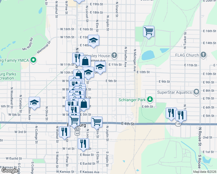 map of restaurants, bars, coffee shops, grocery stores, and more near 420 East 9th Street in Pittsburg
