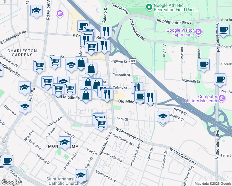 map of restaurants, bars, coffee shops, grocery stores, and more near 2045 Atlas Loop in Mountain View