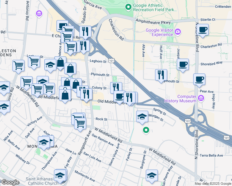 map of restaurants, bars, coffee shops, grocery stores, and more near 851 Sierra Vista Avenue in Mountain View