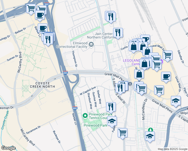 map of restaurants, bars, coffee shops, grocery stores, and more near 291 Summerfield Drive in Milpitas