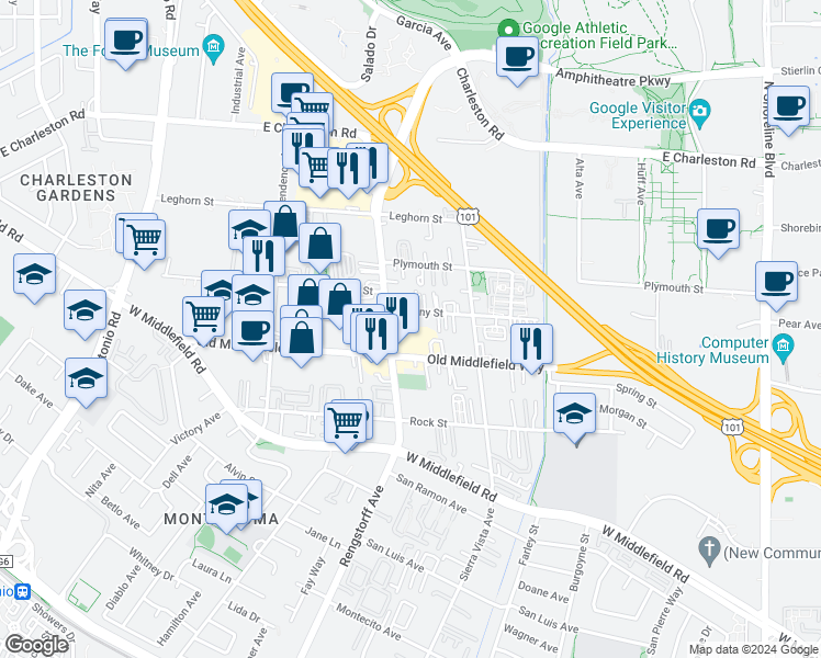 map of restaurants, bars, coffee shops, grocery stores, and more near 2041 Atlas Loop in Mountain View