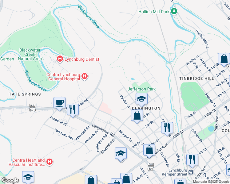 map of restaurants, bars, coffee shops, grocery stores, and more near 2001 Lovell Street in Lynchburg