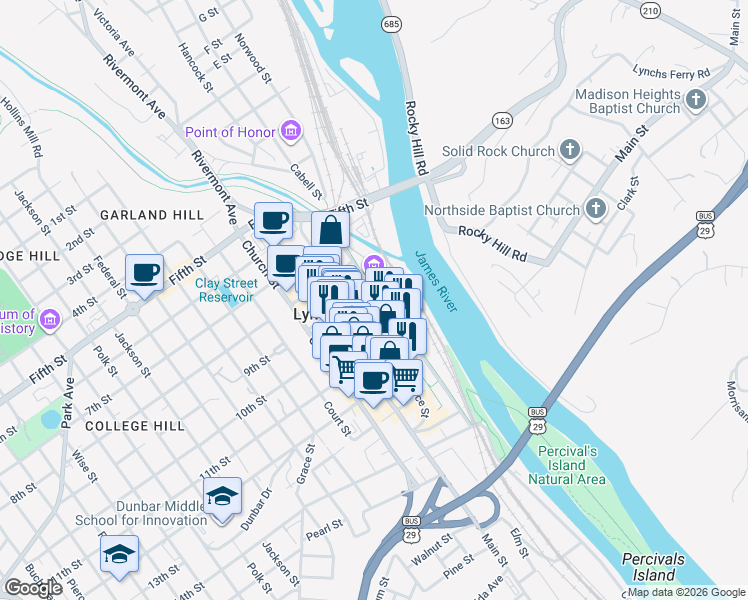map of restaurants, bars, coffee shops, grocery stores, and more near 901 Jefferson Street in Lynchburg