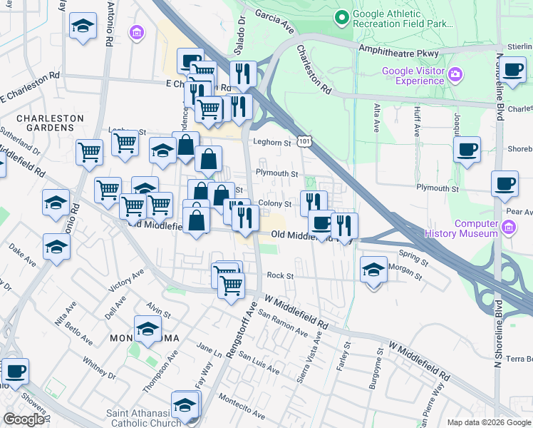 map of restaurants, bars, coffee shops, grocery stores, and more near 2045 Atlas Loop in Mountain View