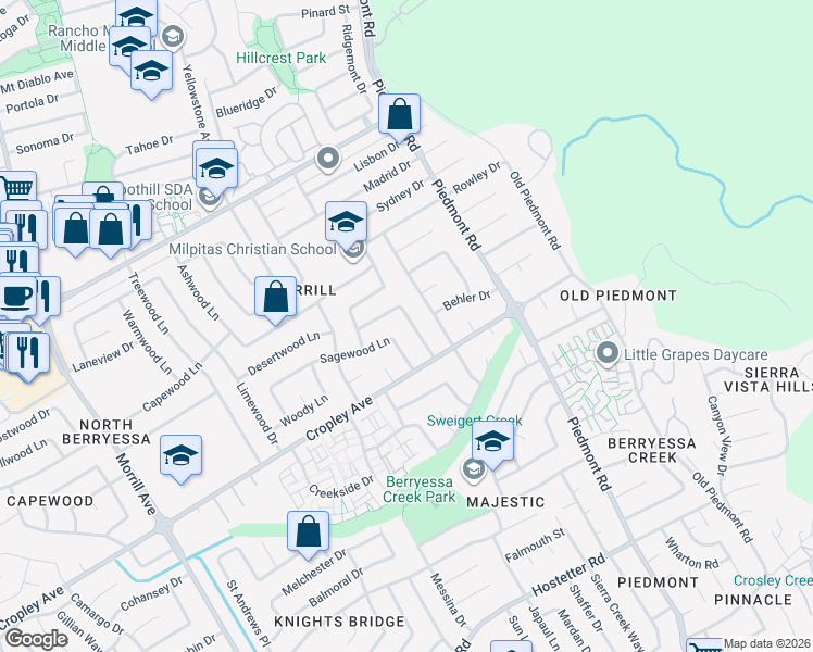 map of restaurants, bars, coffee shops, grocery stores, and more near 2059 Minto Drive in San Jose
