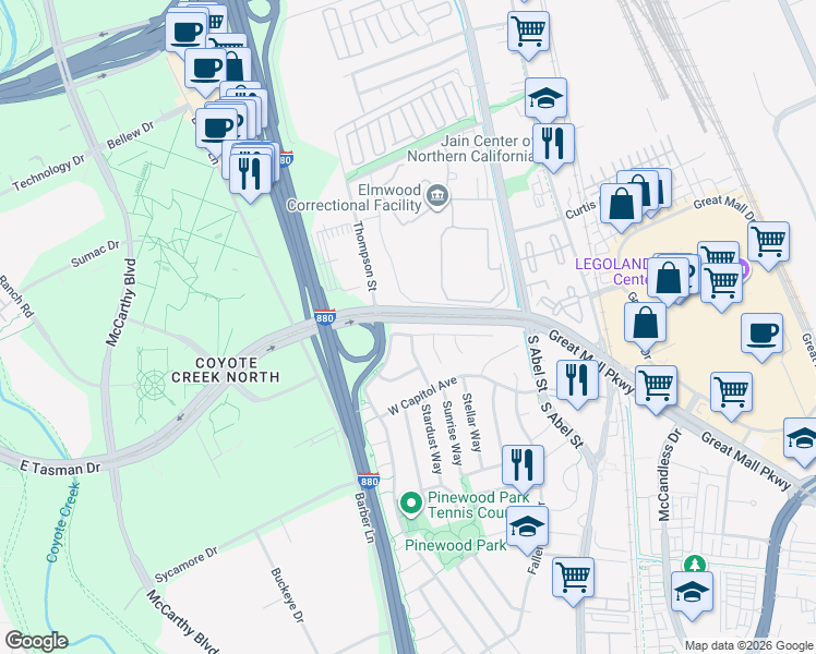 map of restaurants, bars, coffee shops, grocery stores, and more near c334a Great Mall Parkway in Milpitas