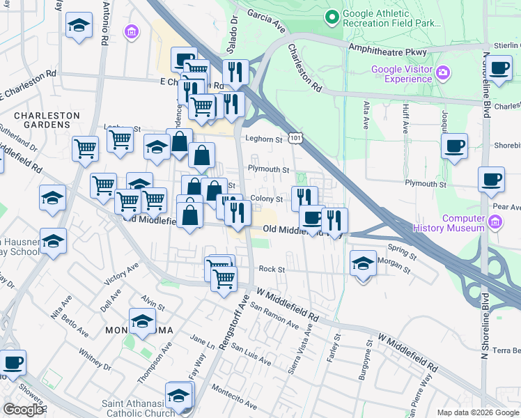 map of restaurants, bars, coffee shops, grocery stores, and more near in Mountain View
