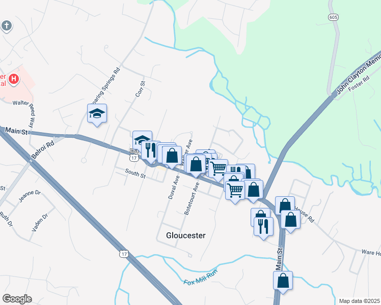 map of restaurants, bars, coffee shops, grocery stores, and more near 7407 Walker Avenue in Gloucester