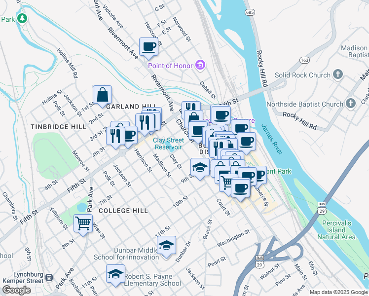 map of restaurants, bars, coffee shops, grocery stores, and more near in Lynchburg