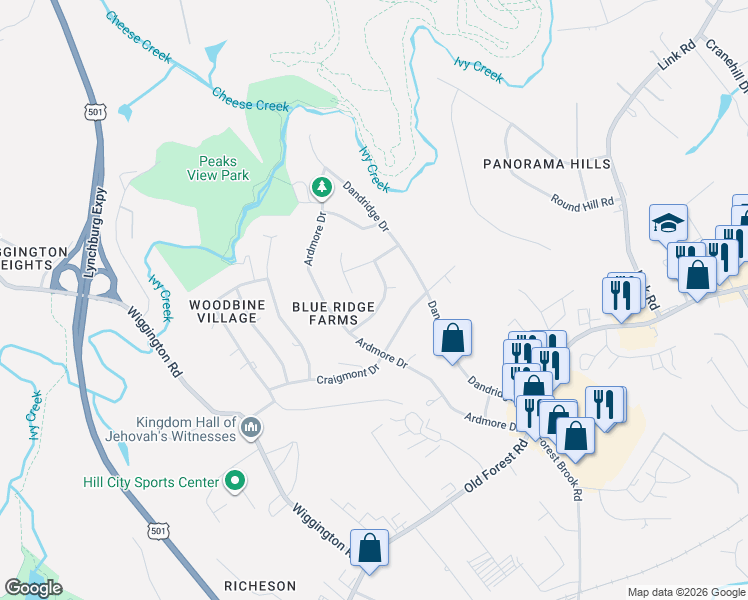 map of restaurants, bars, coffee shops, grocery stores, and more near in Lynchburg