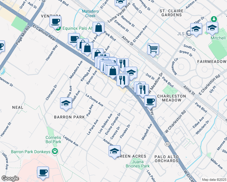 map of restaurants, bars, coffee shops, grocery stores, and more near 3888 Magnolia Drive in Palo Alto