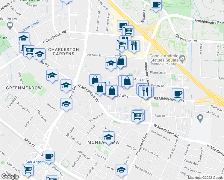 map of restaurants, bars, coffee shops, grocery stores, and more near 2464 West Middlefield Road in Mountain View