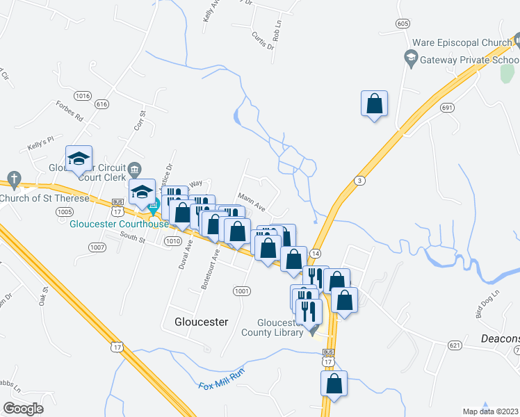 map of restaurants, bars, coffee shops, grocery stores, and more near 6700 Mann Avenue in Gloucester
