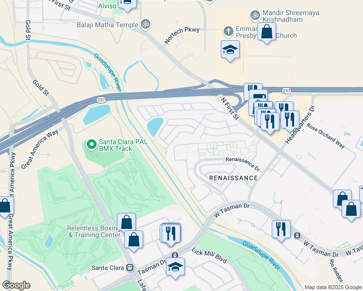 map of restaurants, bars, coffee shops, grocery stores, and more near 4325 Renaissance Drive in San Jose