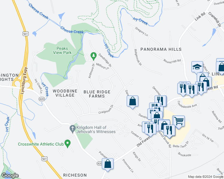 map of restaurants, bars, coffee shops, grocery stores, and more near 1105 Ashley Drive in Lynchburg