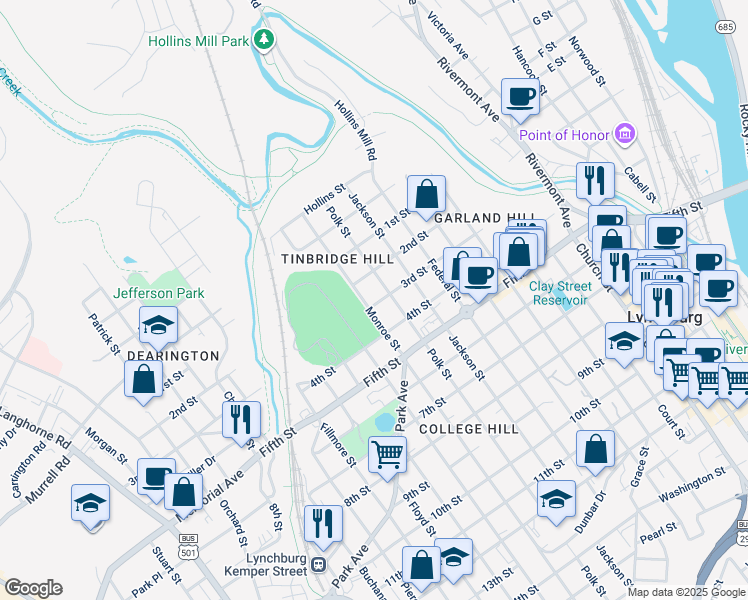 map of restaurants, bars, coffee shops, grocery stores, and more near 1011 3rd Street in Lynchburg