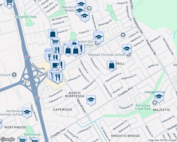 map of restaurants, bars, coffee shops, grocery stores, and more near 2122 Treewood Lane in San Jose
