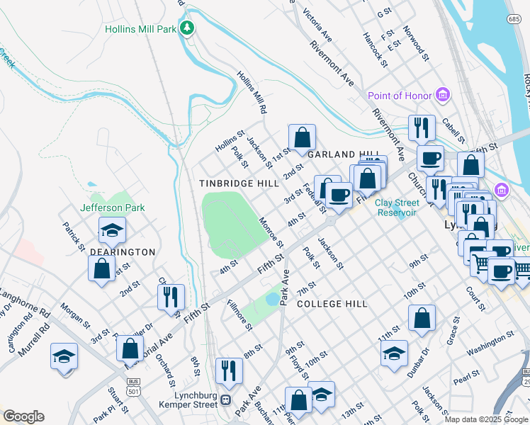 map of restaurants, bars, coffee shops, grocery stores, and more near 1011 3rd Street in Lynchburg